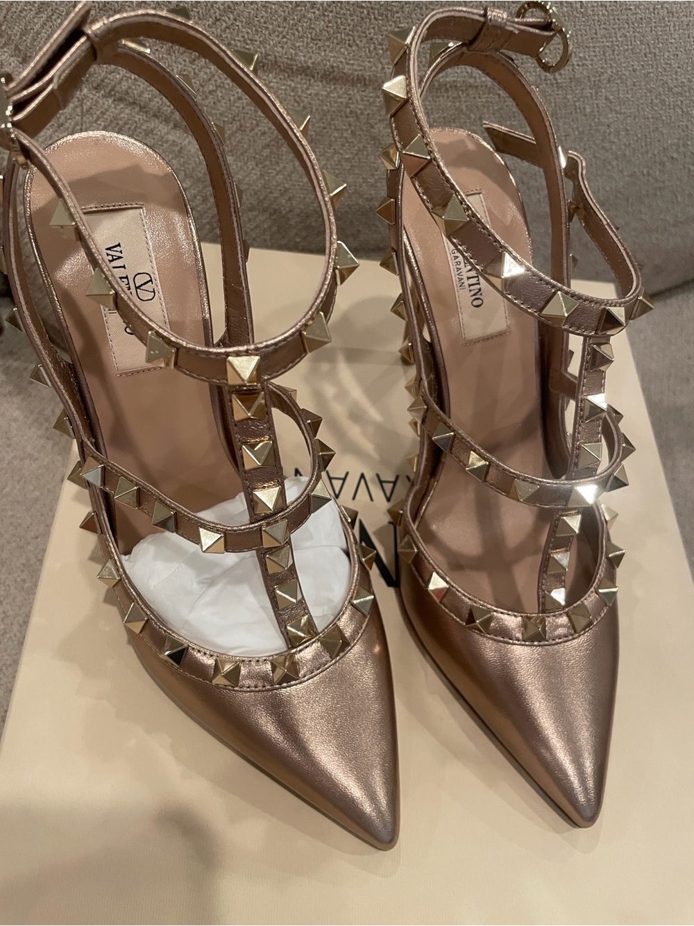 Valentino Metallic Rose Gold Studded T-Strap Pointed Pump